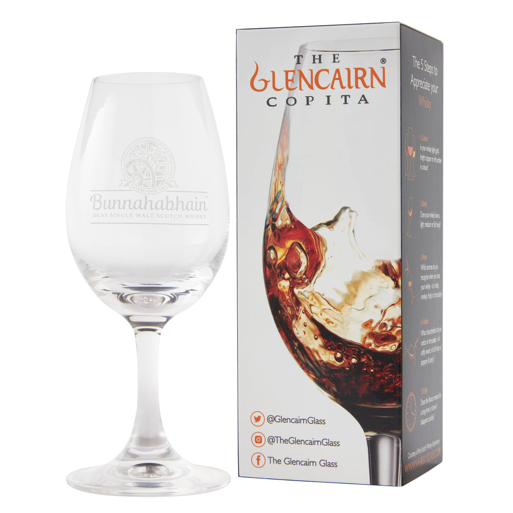 Glencairn whisky copita glass with the Bunnahabhain logo
