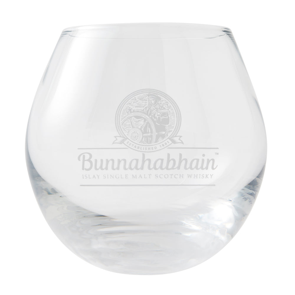 A wobbly whisky glass featuring the Bunnahabhain logo