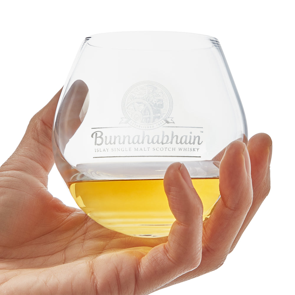 A wobbly whisky glass featuring the Bunnahabhain logo