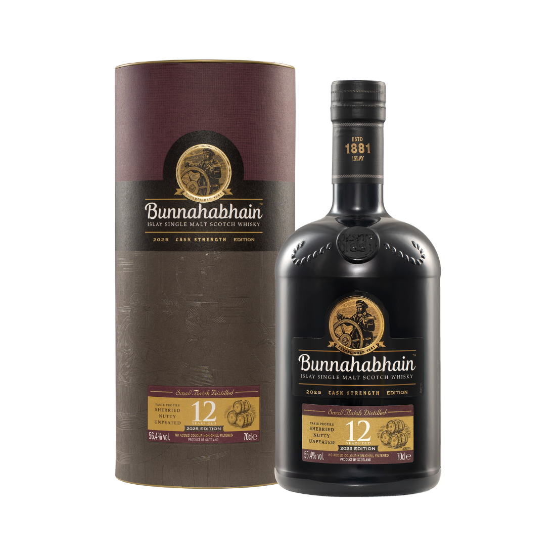 Bunnahabhain 12 Year Old Cask Strength 2025 Edition Bottle and Pack no Background