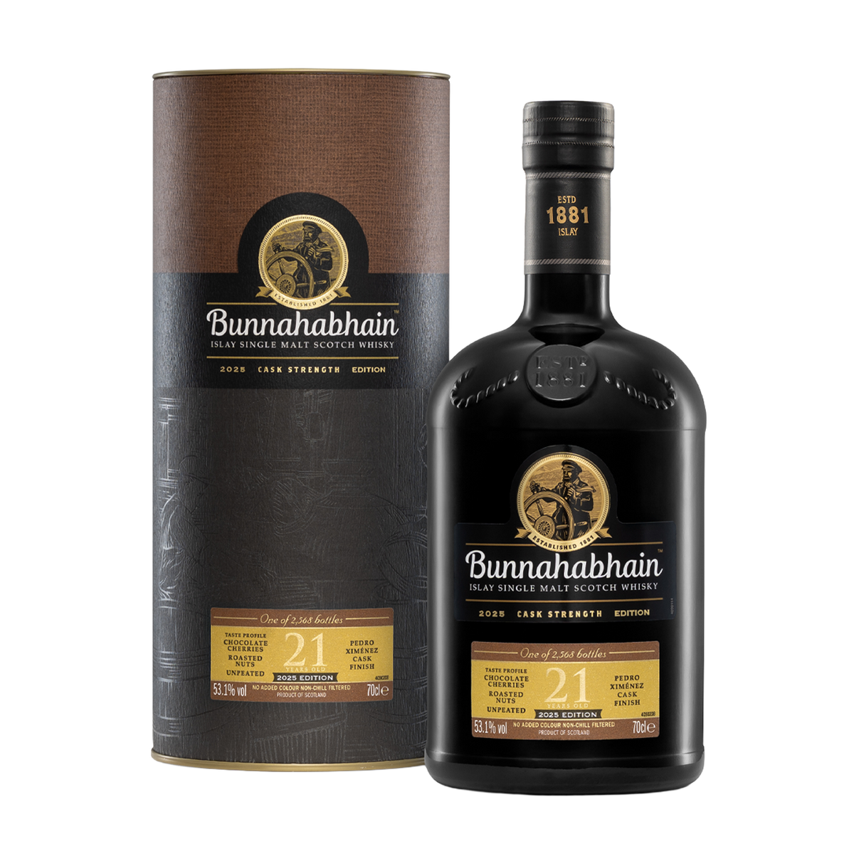 Bunnahabhain 21 Year Old Cask Strength 2025 Edition Bottle and Pack Render