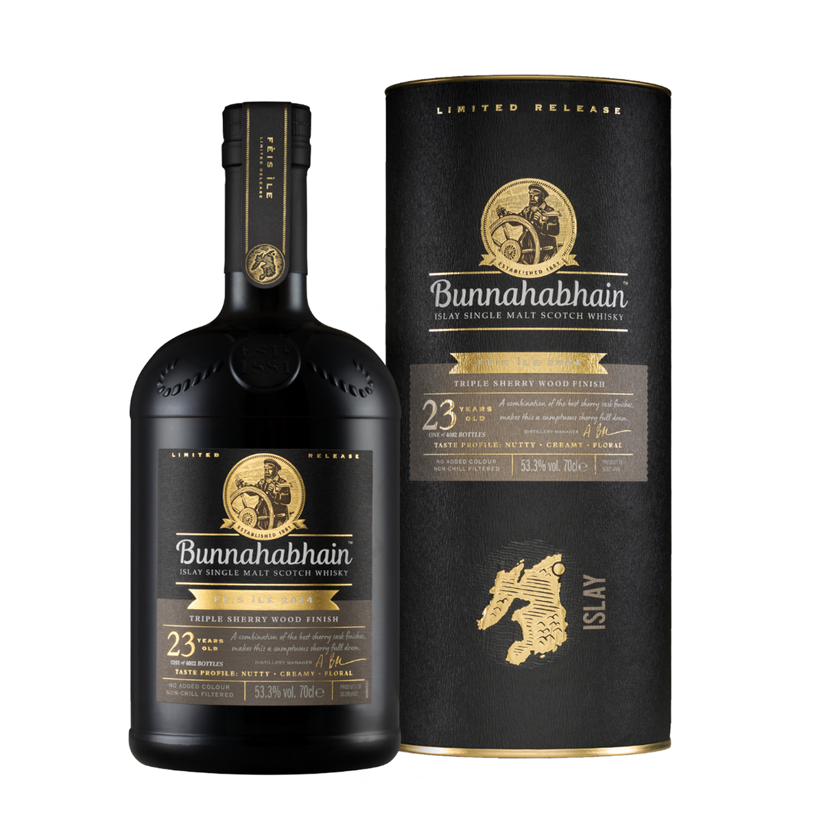 Bunnahabhain 23 Year Old Triple Sherry Wood Finish Bottle and Pack