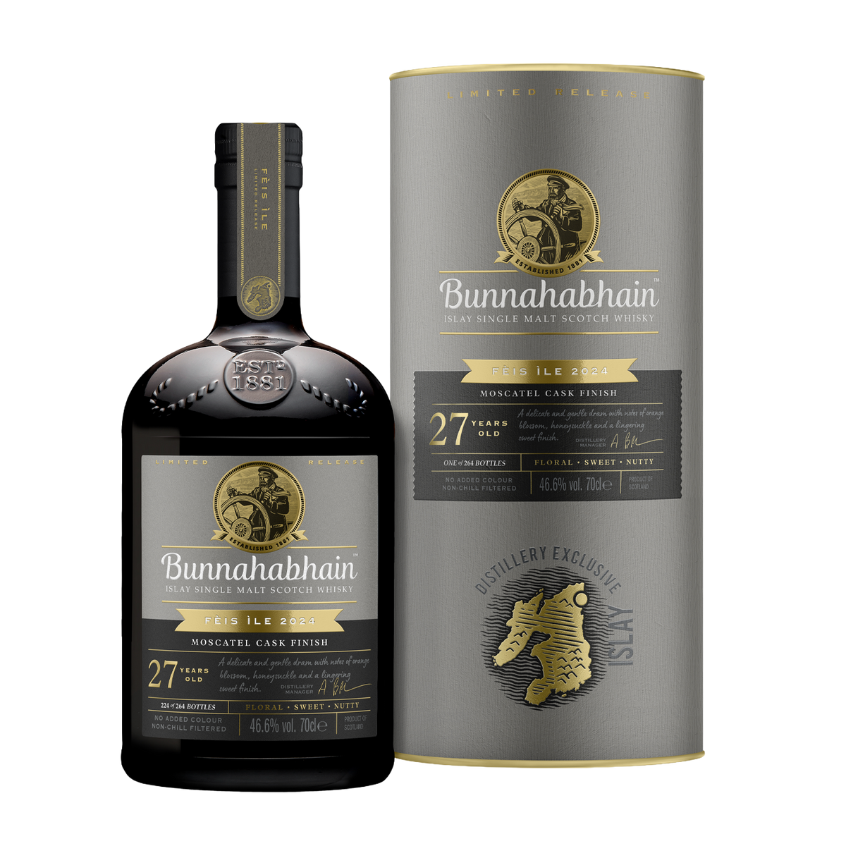 Bunnahabhain 27 Year Old Moscatel Cask Finish Bottle and Pack