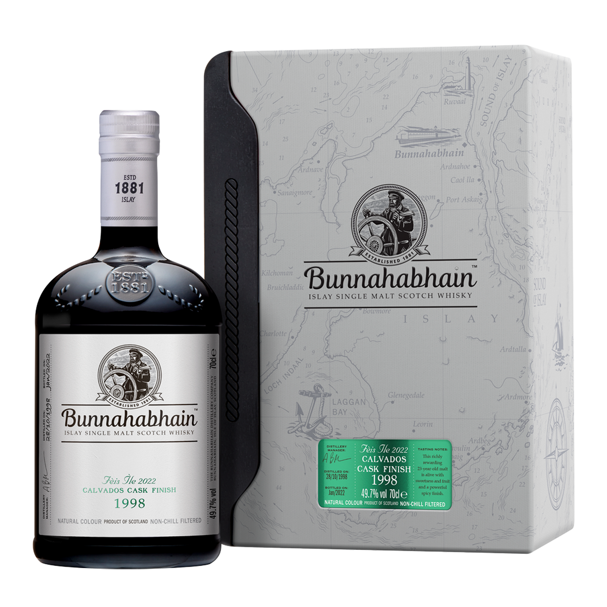 Bunnahabhain Feis Ile 2022 Calvados Cask FInish 1998 Bottle and Pack