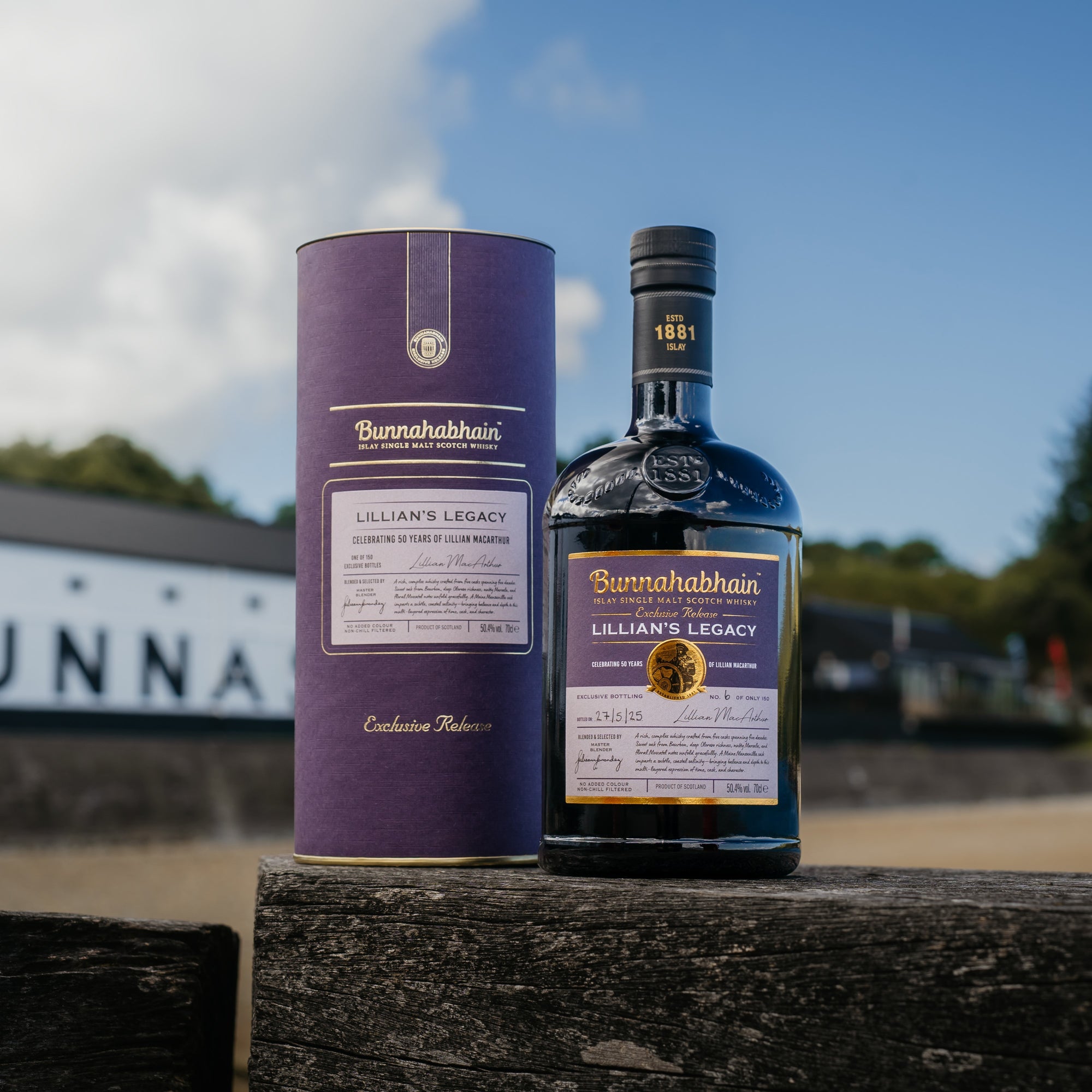 Bunnahabhain Lillian's Legacy Bottle and Pack on Pier