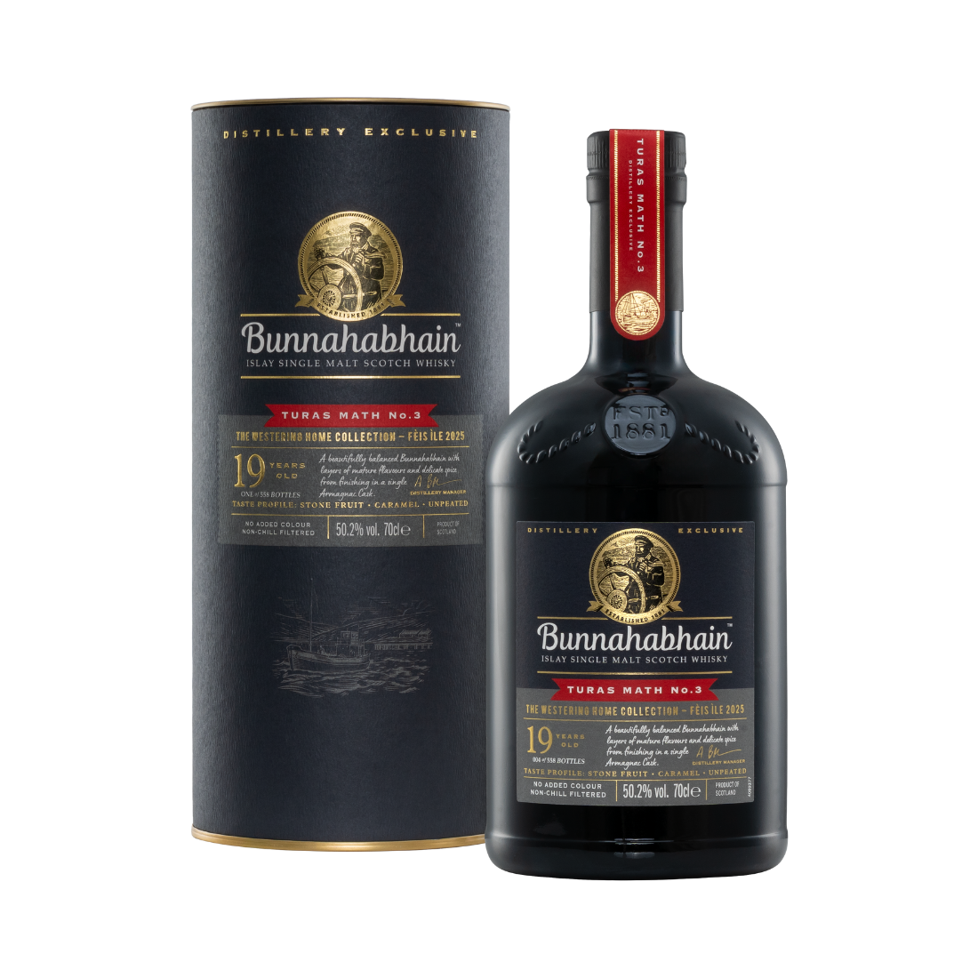 Bunnahabhain Turas Math No.3 19 Year Old Armagnac Cask Finish Bottle and Pack