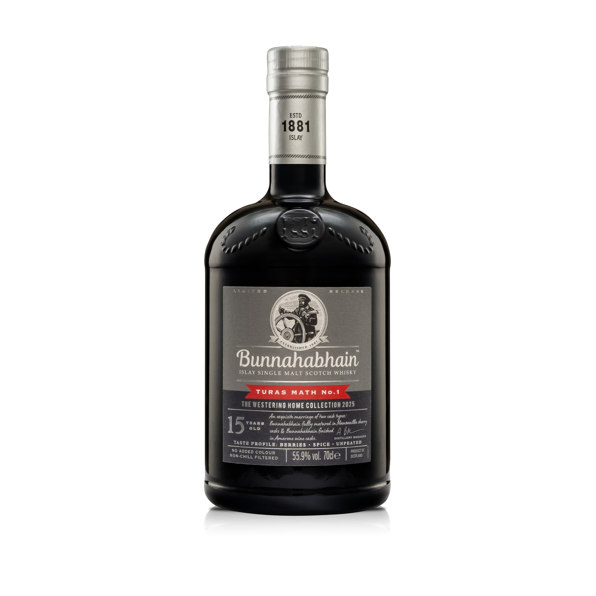 Bunnahabhain Turas Math No.1 Bottle with White Background and Reflection