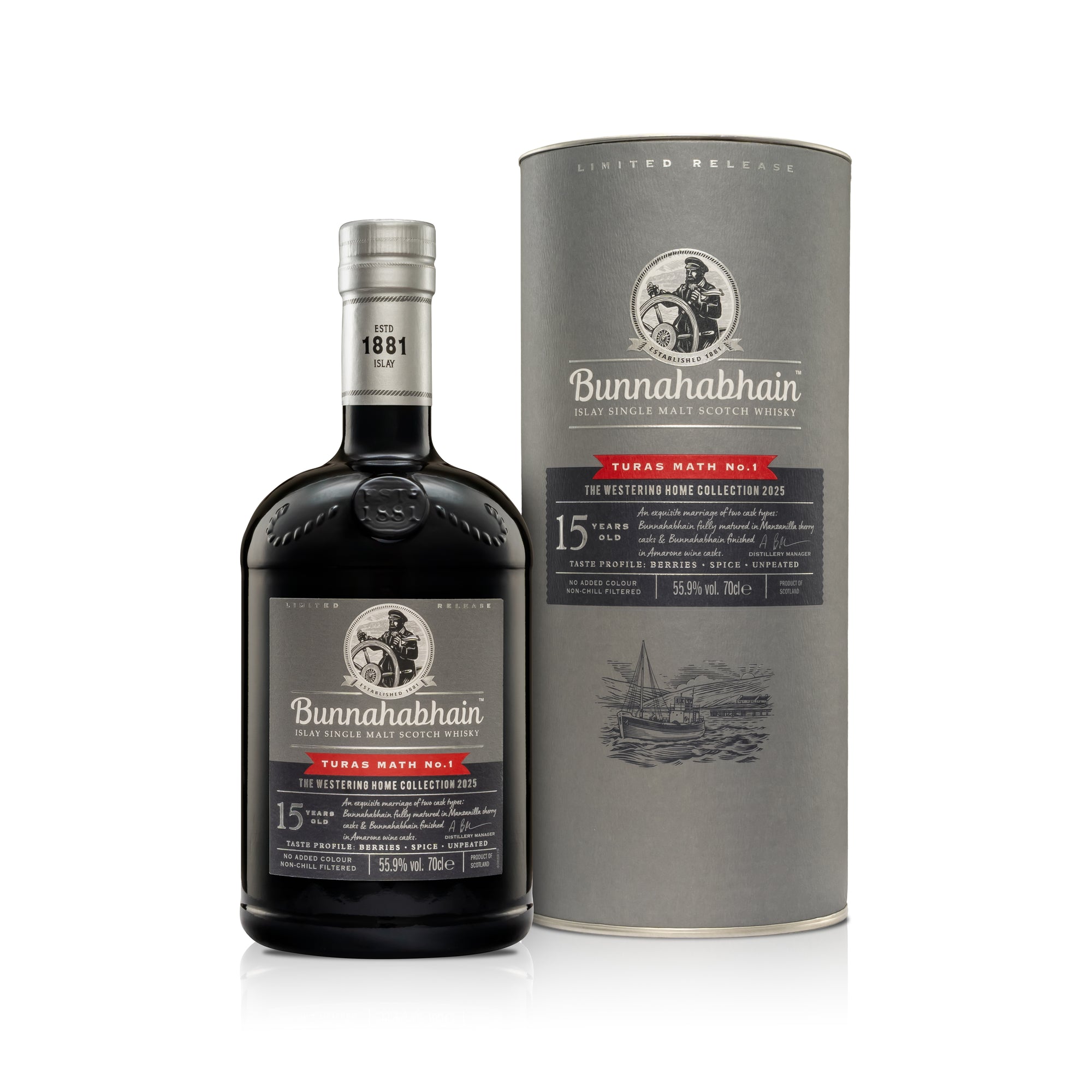Bunnahabhain Turas Math No.1 Bottle and Pack with White Background and Reflection