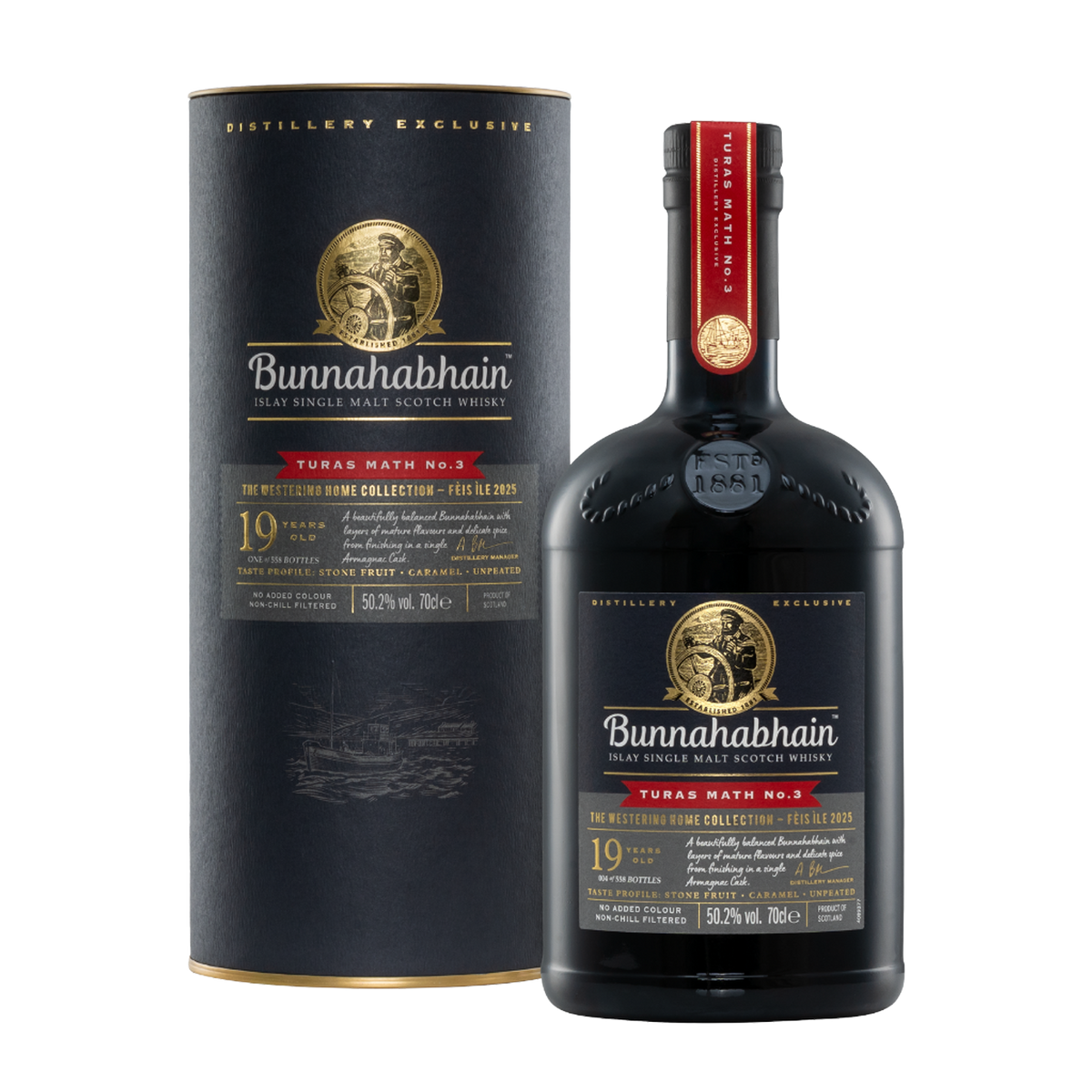 Bunnahabhain Turas Math No.3 19 Year Old Armagnac Cask Finish Bottle and Pack