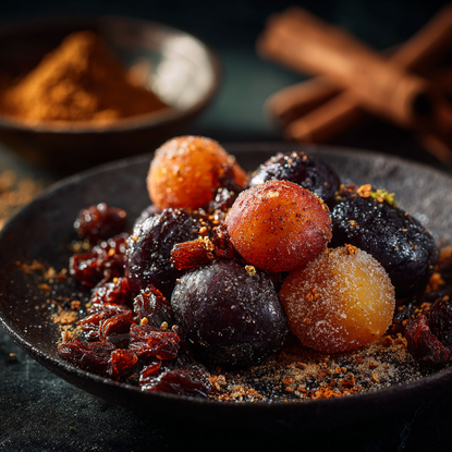 Dried fruits on a dark plate with cinnamon sticks and spices in the background