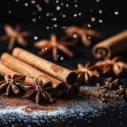 Close up of cinnamon sticks, cloves, nutmeg, and star anise sprinkled with rock salt on a dark oak table.