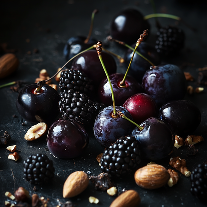 Close up of black cherries, plums and blackberries, topped with cloves and roasted nuts on a dark table.