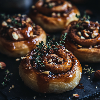 Close up of fresh cinnamon pastries drizzled with treacle toffee, dusted with cinnamon and dried herbs, and topped with hazelnuts and dried frigs on a dark table.