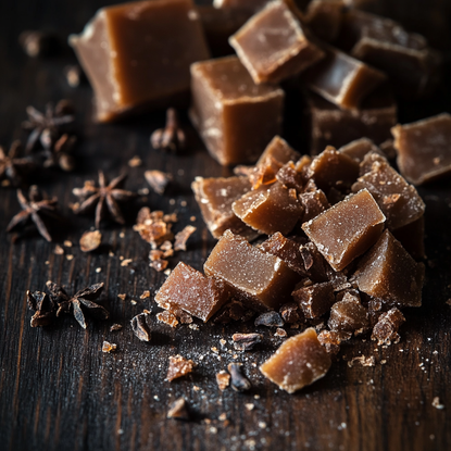 Close up of toffee and cloves on a dark oak table.
