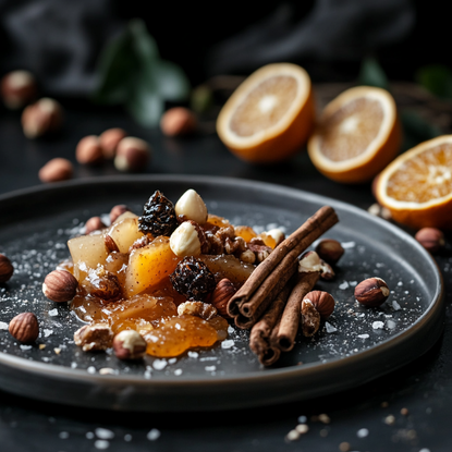 Close up of baked apples and candied orange, drizzles with caramel and dusted with ground ginger on a dark table.