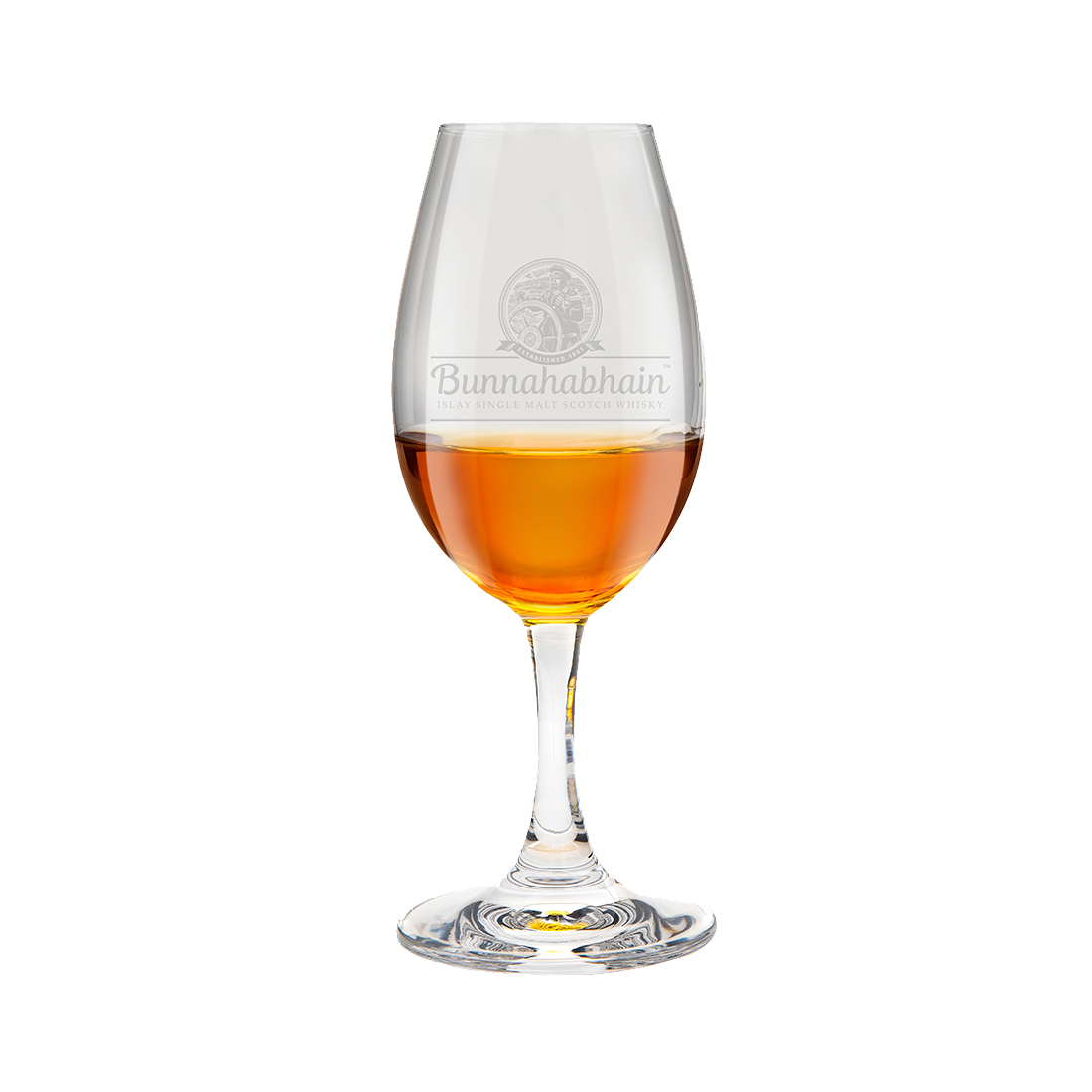 Glencairn whisky copita glass with the Bunnahabhain logo containing whisky inside