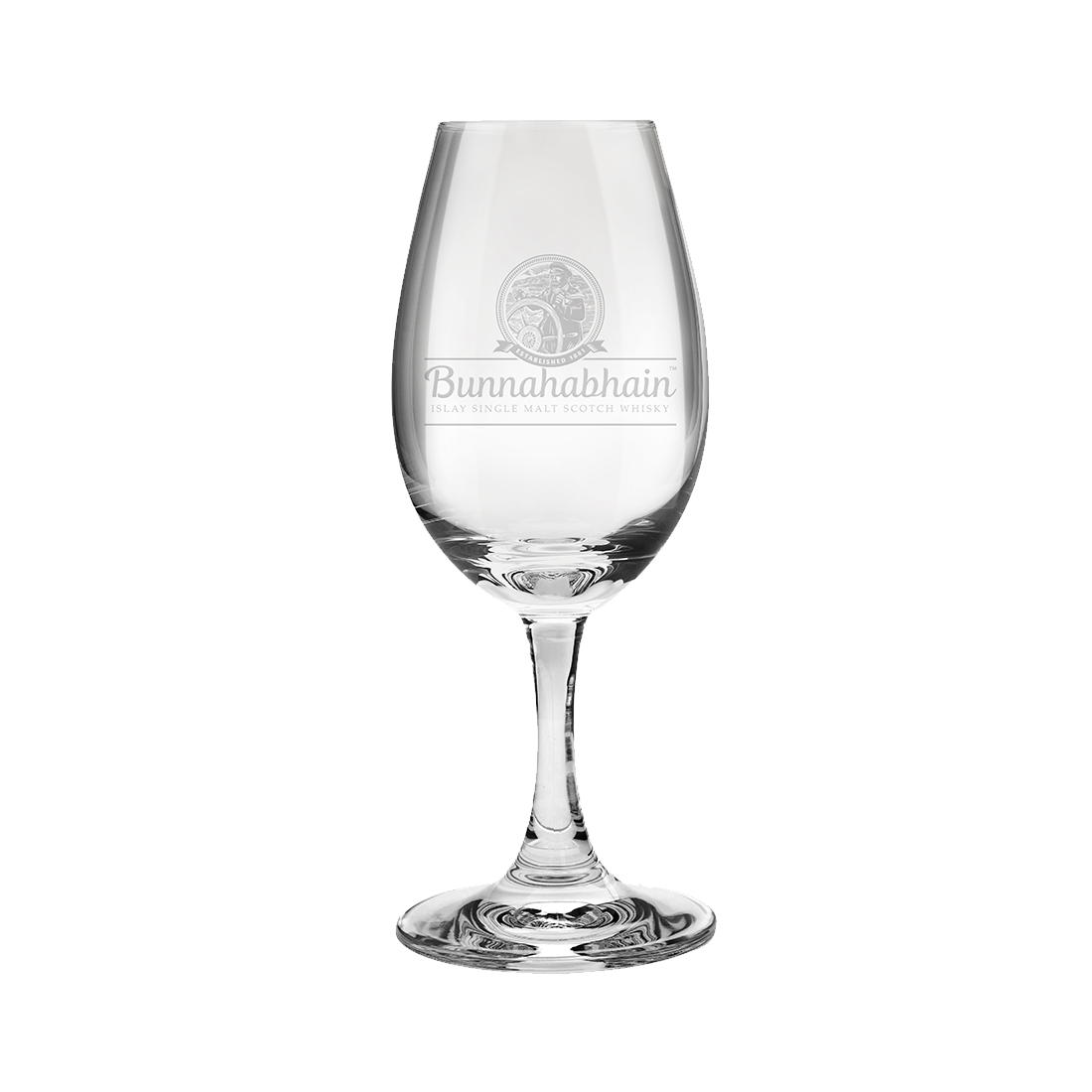 Glencairn whisky copita glass with the Bunnahabhain logo