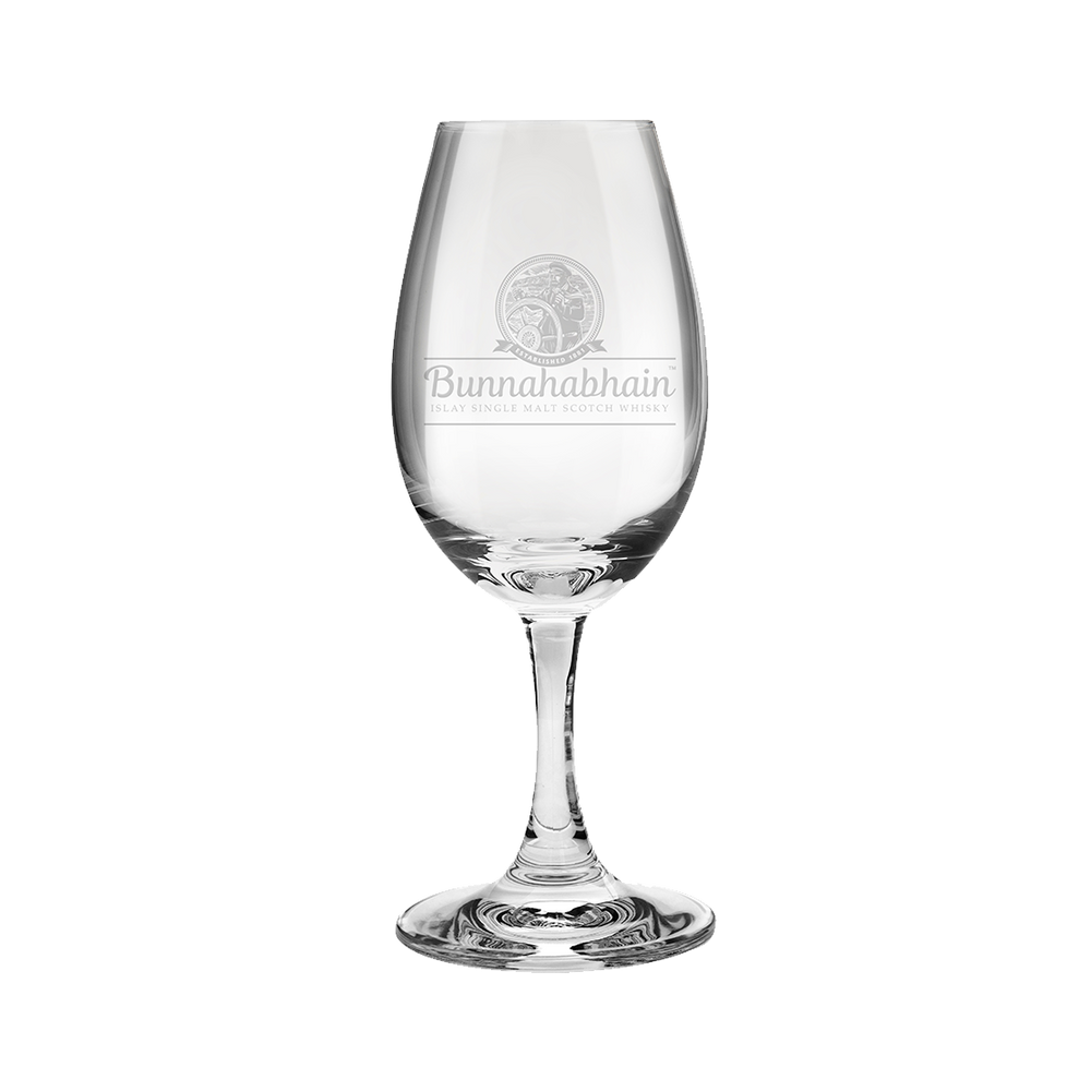 Glencairn whisky copita glass with the Bunnahabhain logo