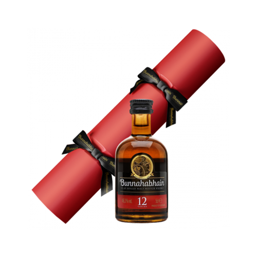 Bunnahabhain red whisky cracker comes with a 5cl bottle of our classic 12 year whisky, christmas hat and joke.