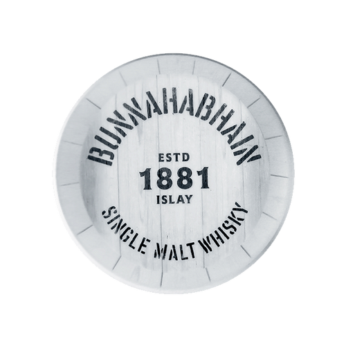 Whisky coaster in white with the Bunnahabhain logo