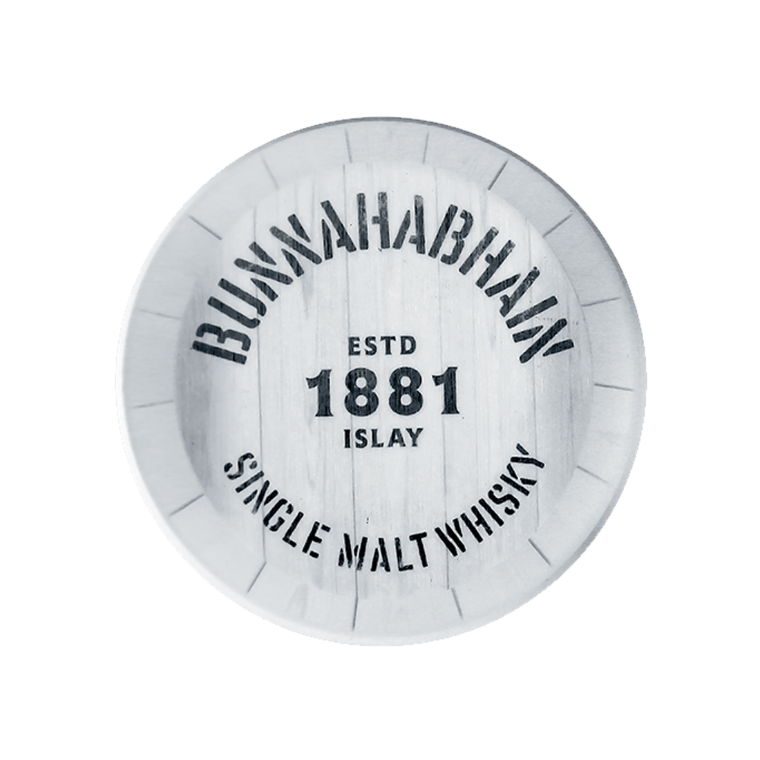 Whisky coaster in white with the Bunnahabhain logo