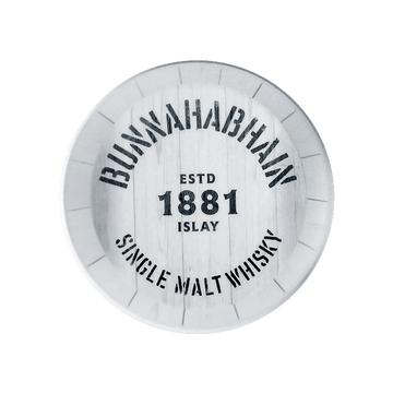 Whisky coaster in white with the Bunnahabhain logo