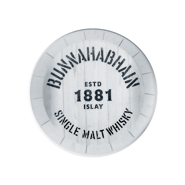 Whisky coaster in white with the Bunnahabhain logo