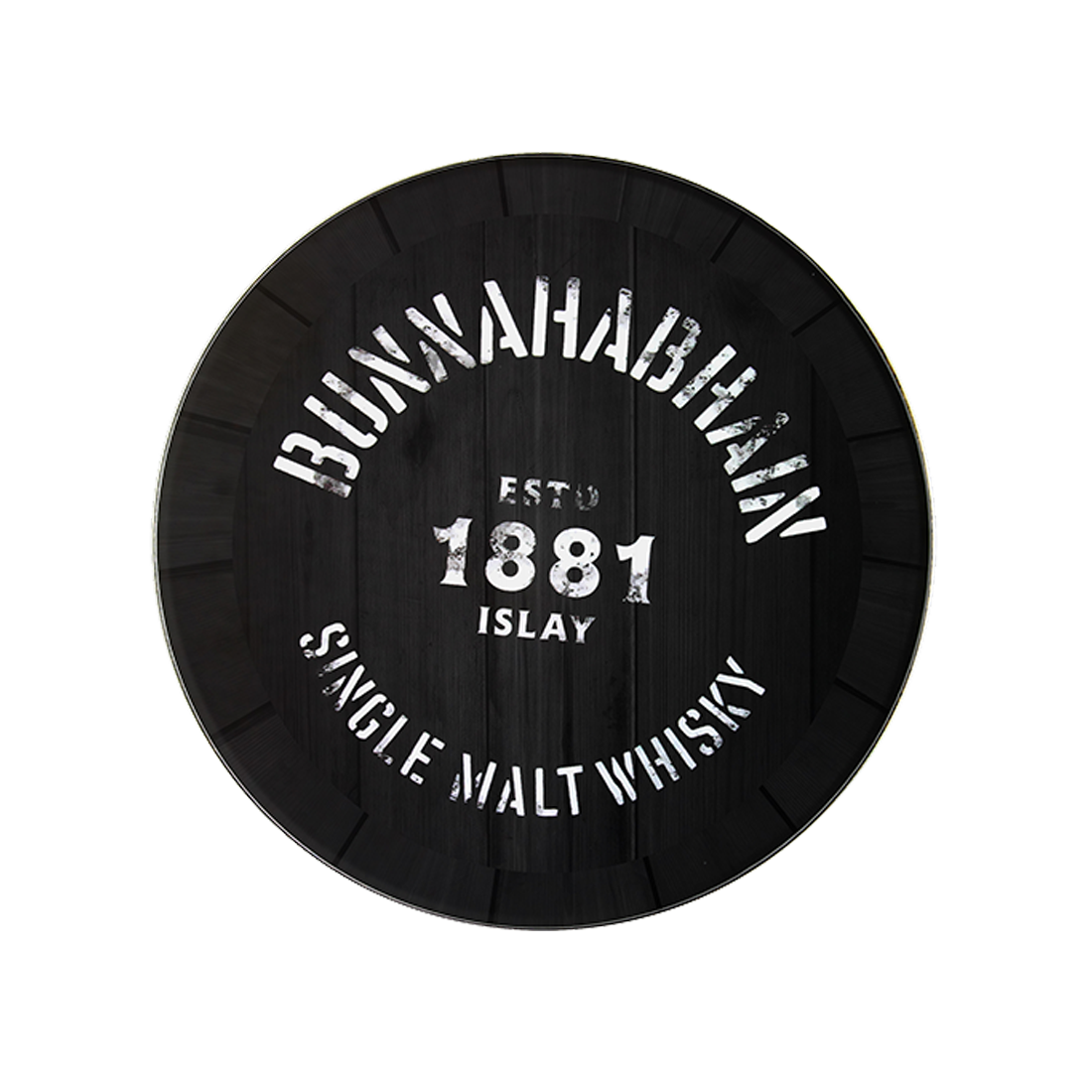Whisky coaster in black with the Bunnahabhain logo