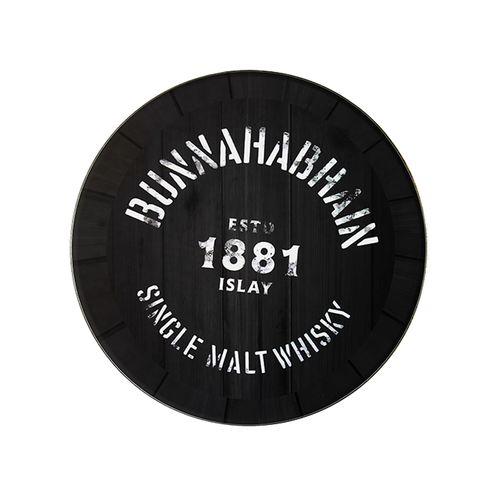 Whisky coaster in white with the Bunnahabhain logo