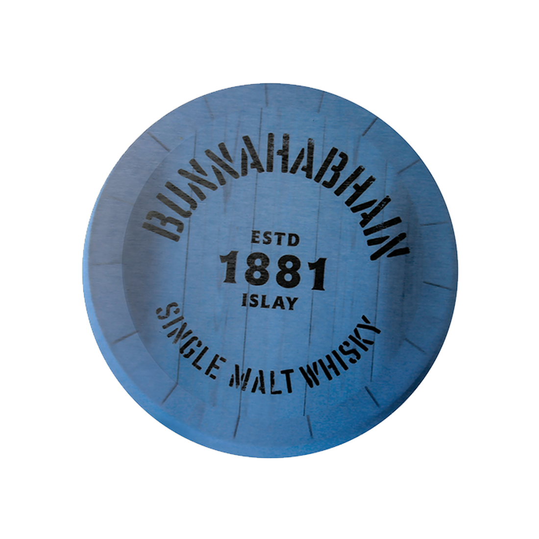 Whisky coaster in blue with the Bunnahabhain logo