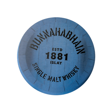 Whisky coaster in blue with the Bunnahabhain logo