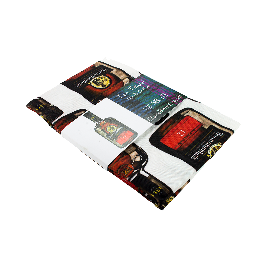 Whisky bottle tea towel illustrated by clare Baird for Bunnahabhain