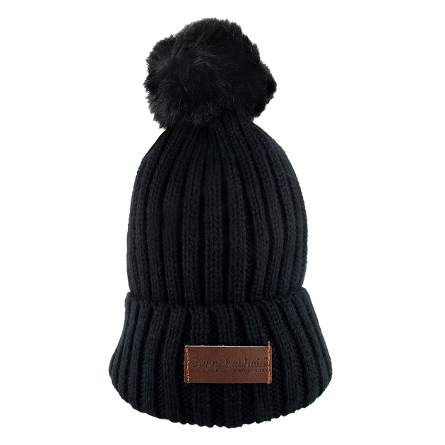 Black whisky beanie hat complete with a pom pom on top has a leather Bunnahabhain logo