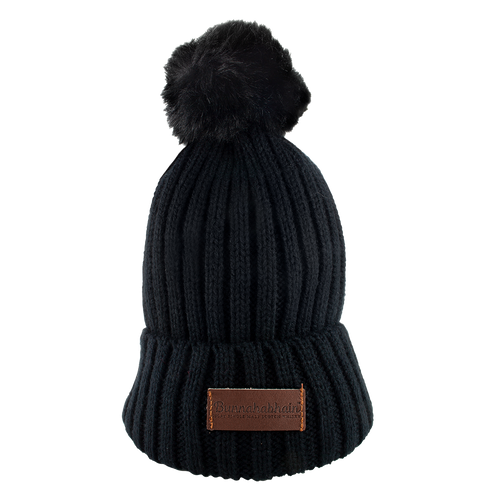 Black whisky beanie hat complete with a pom pom on top has a leather Bunnahabhain logo