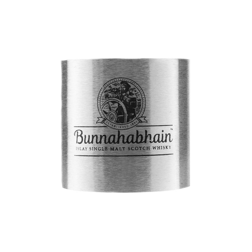 single whisky measure made from stainless steel. It holds 25cl and has the Bunnahabhain logo.